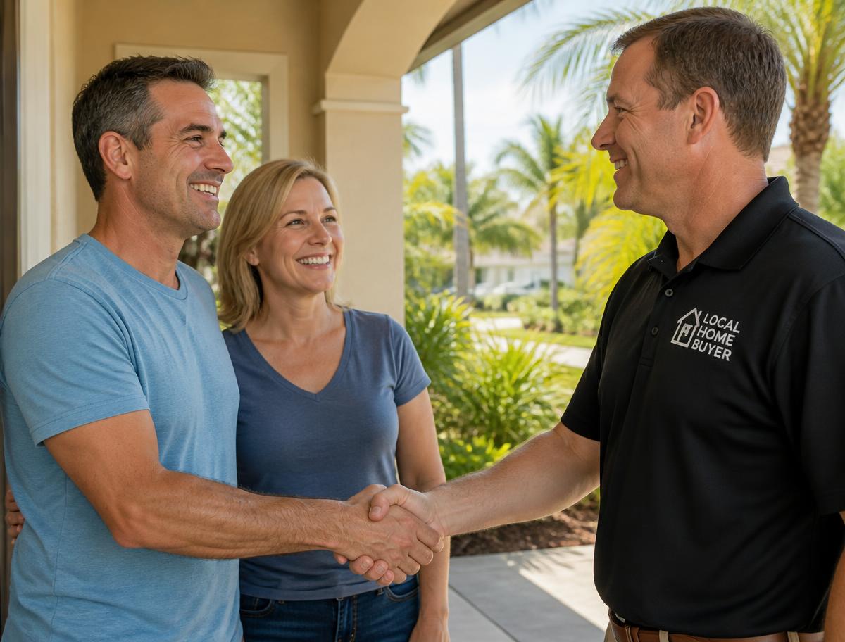 Florida homeowners shaking hands with a local home buyer on their porch