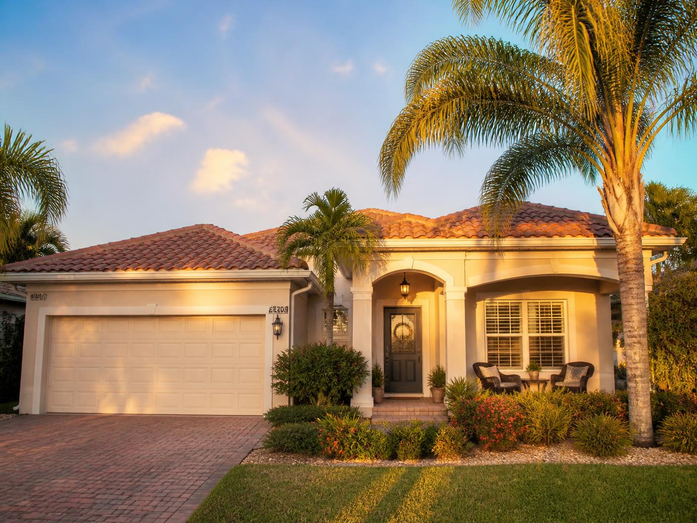 Sunlit Florida home with palm trees at golden hour